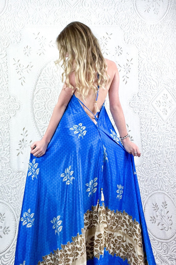 Eden Halter Maxi Dress - Vintage Sari - Majorelle Blue & Beige Leaf Print - Free Size S/M By All About Audrey