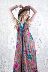 Eden Halter Maxi Dress - Vintage Sari - Tan, Turquoise & Pink Tropical Floral - Free Size M/L By All About Audrey