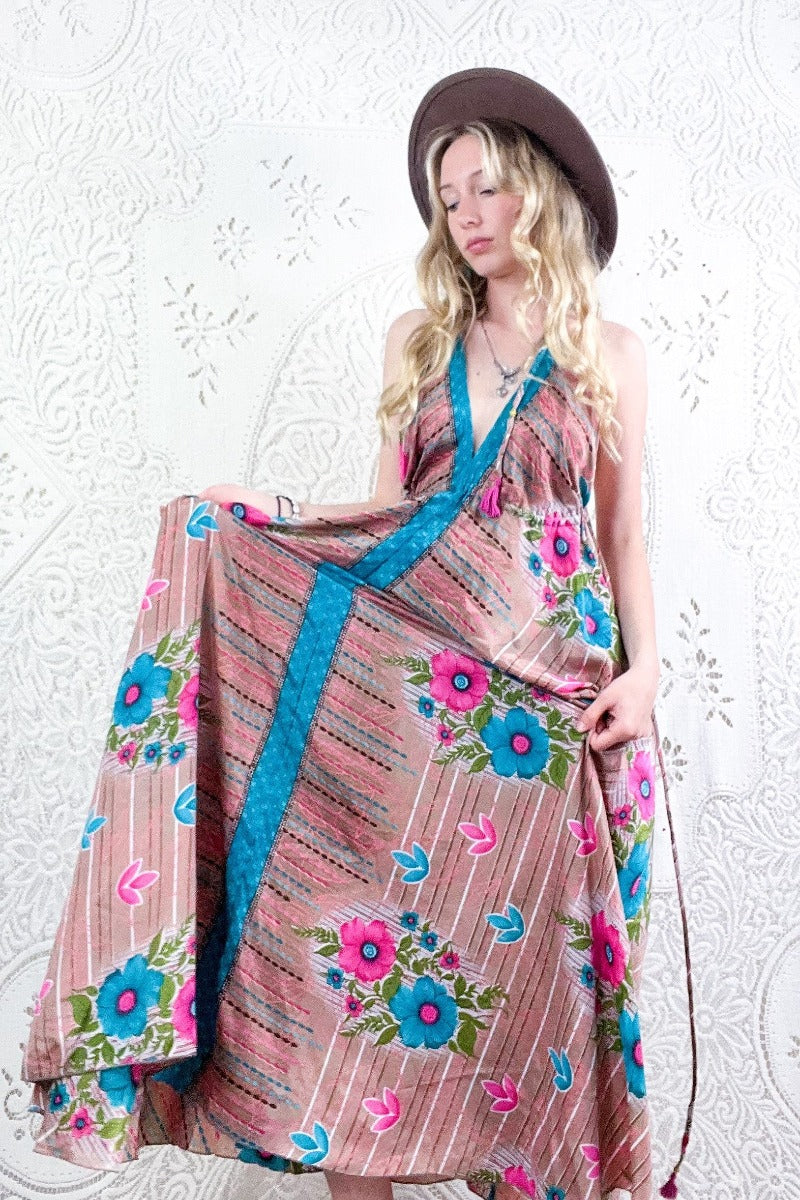 Eden Halter Maxi Dress - Vintage Sari - Tan, Turquoise & Pink Tropical Floral - Free Size M/L By All About Audrey