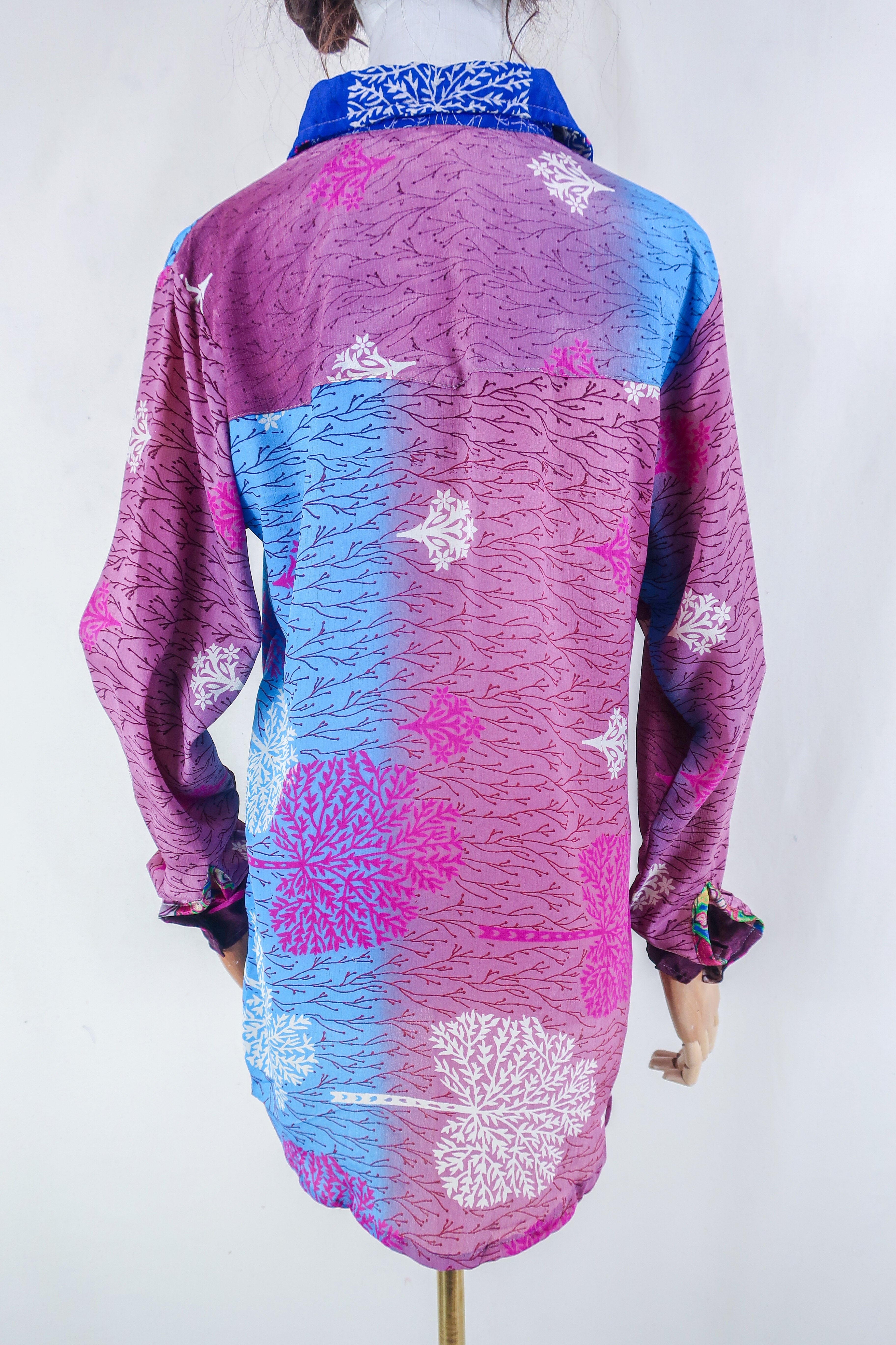 Clyde Shirt - Berry & Frosty Trees - Vintage Indian Sari - Free Size M/L