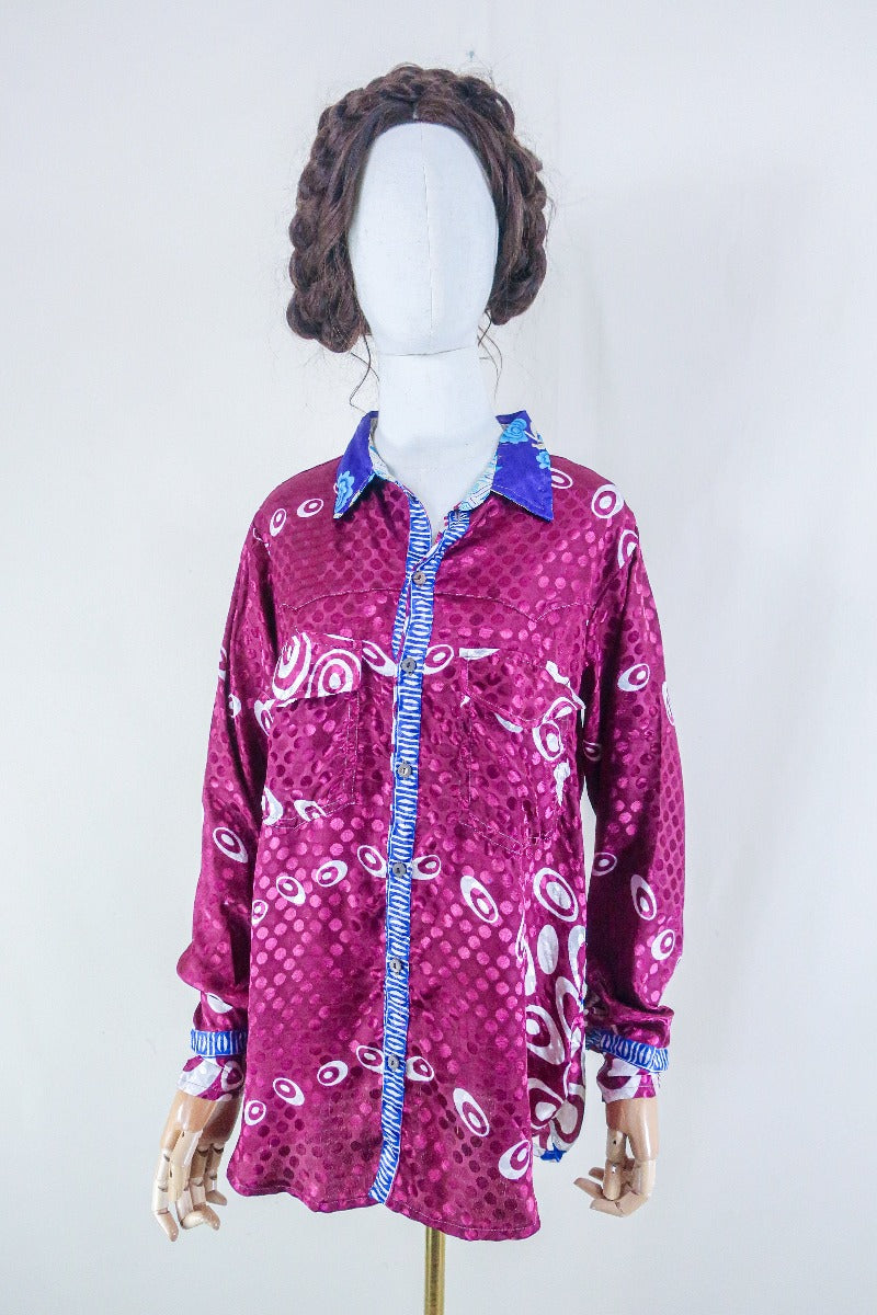 Clyde Shirt - Dark Magenta Polka Dot Shimmer - Vintage Indian Sari - Free Size M/L By All About Audrey