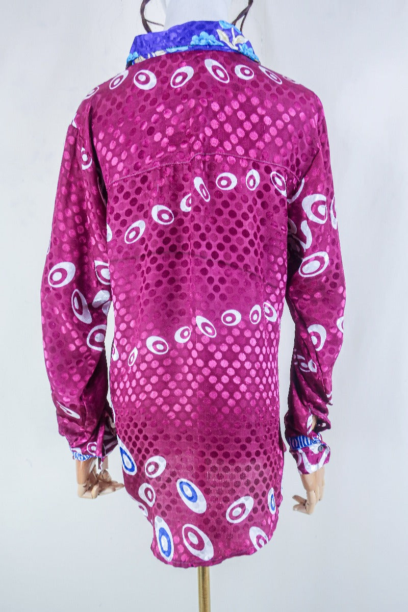 Clyde Shirt - Dark Magenta Polka Dot Shimmer - Vintage Indian Sari - Free Size M/L By All About Audrey