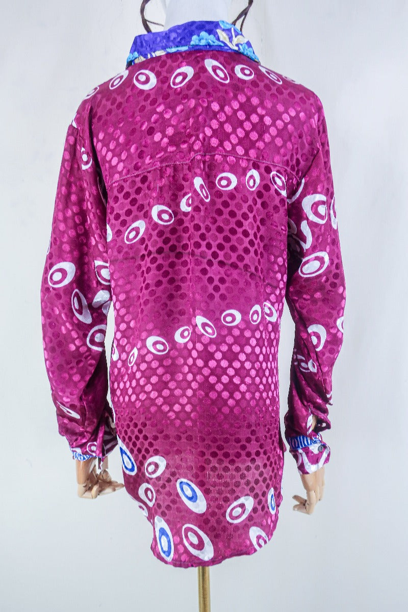 Clyde Shirt - Dark Magenta Polka Dot Shimmer - Vintage Indian Sari - Free Size M/L By All About Audrey