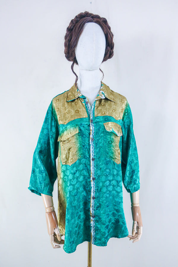 Clyde Shirt - Deep Jade & Gold Tile - Vintage Indian Sari - Free Size XL