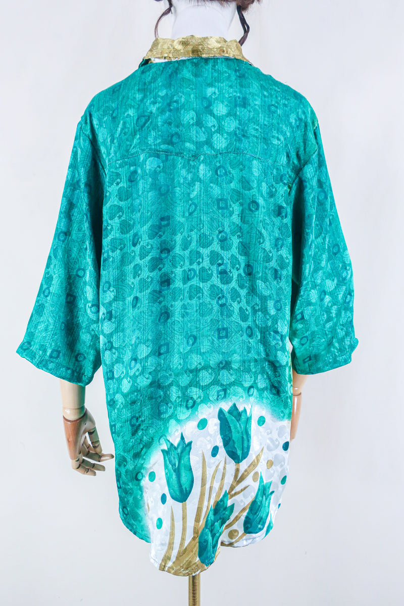 Clyde Shirt - Deep Jade & Gold Tile - Vintage Indian Sari - Free Size XL