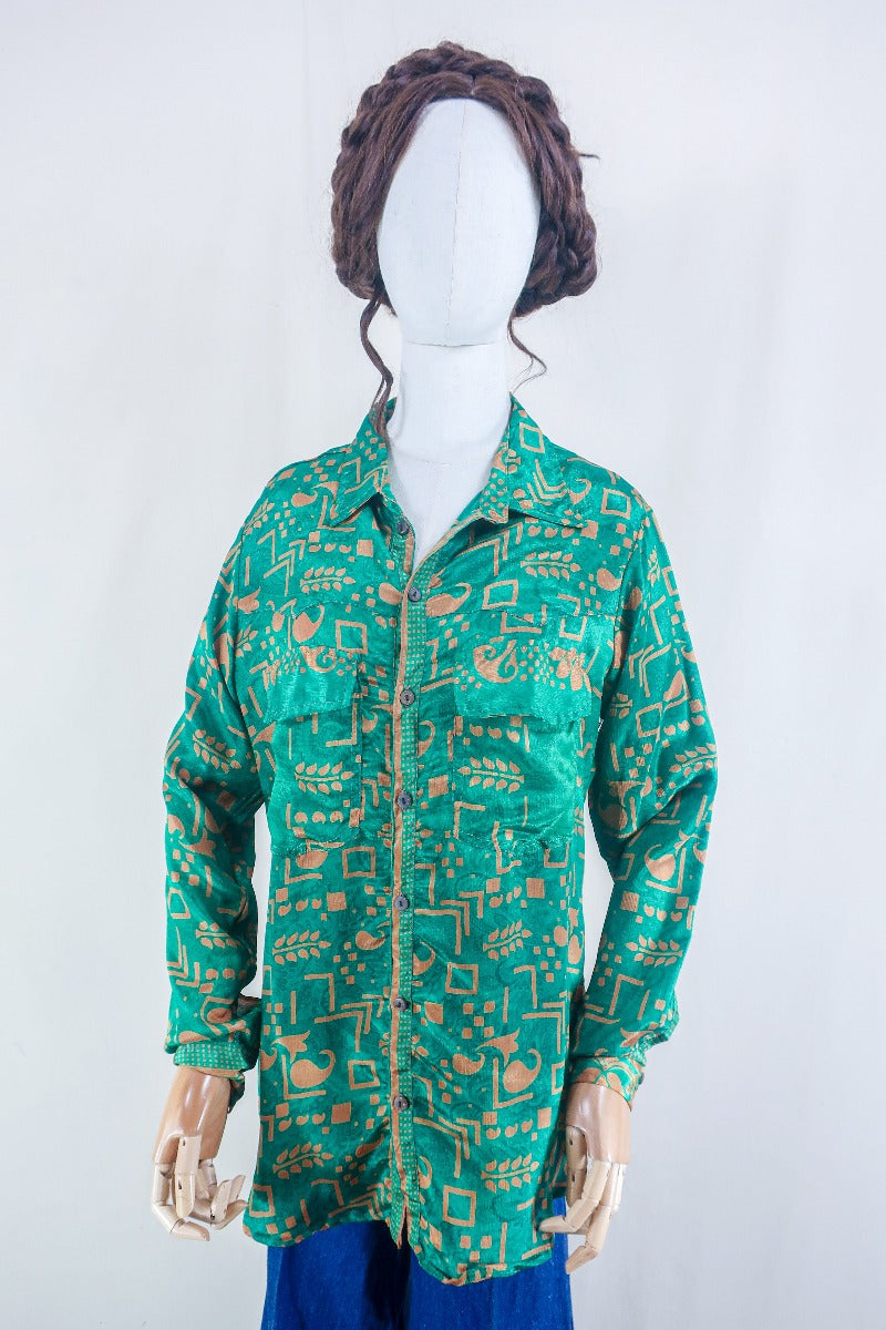 Clyde Shirt - Jade & Gold Motif - Vintage Indian Sari - Free Size M/L By All About Audrey