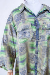 Clyde Shirt - Champagne & Lime Motif - Vintage Indian Sari - Free Size XXL