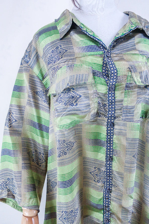 Clyde Shirt - Champagne & Lime Motif - Vintage Indian Sari - Free Size XXL