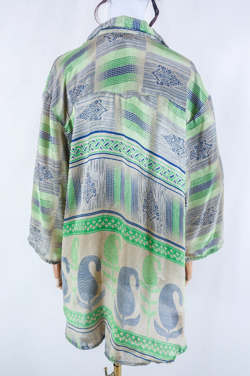 Clyde Shirt - Champagne & Lime Motif - Vintage Indian Sari - Free Size XXL
