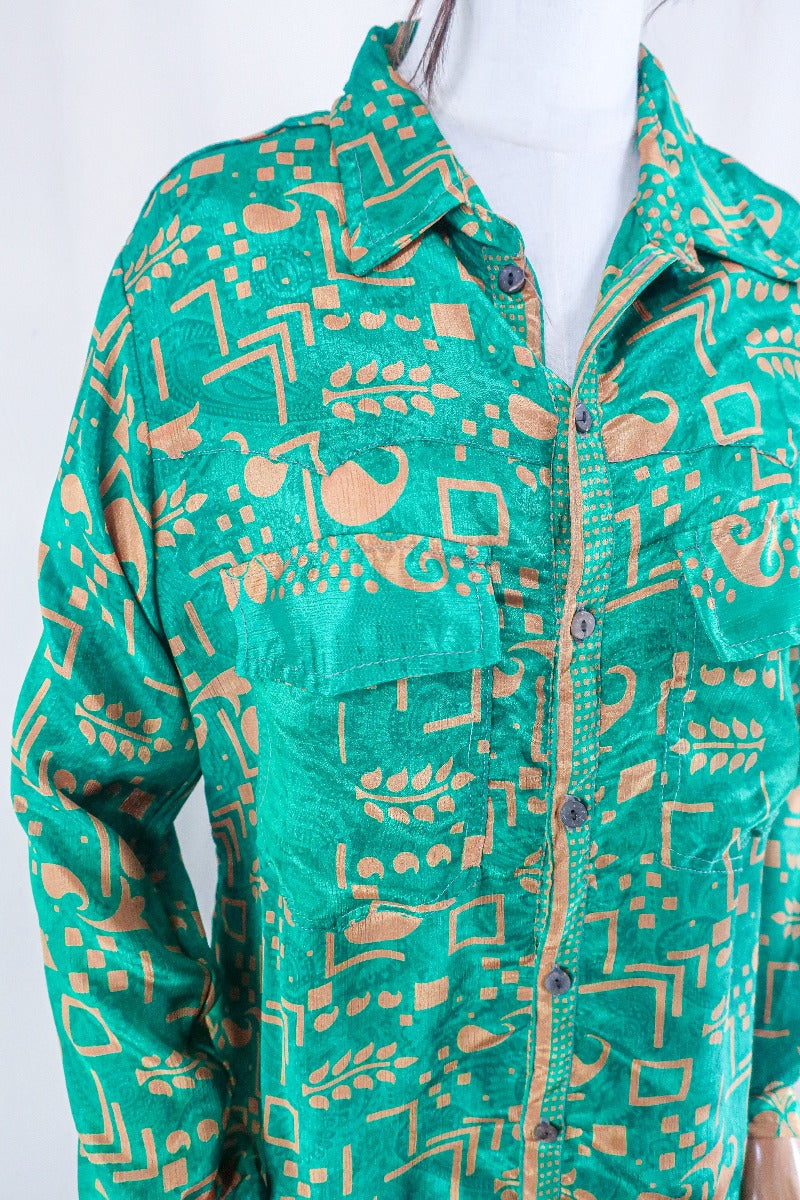 Clyde Shirt - Jade & Gold Motif - Vintage Indian Sari - Free Size M/L By All About Audrey