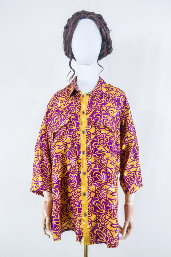 Clyde Shirt - Vivid Violet & Lemon - Vintage Indian Sari - Free Size XL