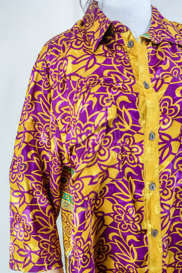 Clyde Shirt - Vivid Violet & Lemon - Vintage Indian Sari - Free Size XL