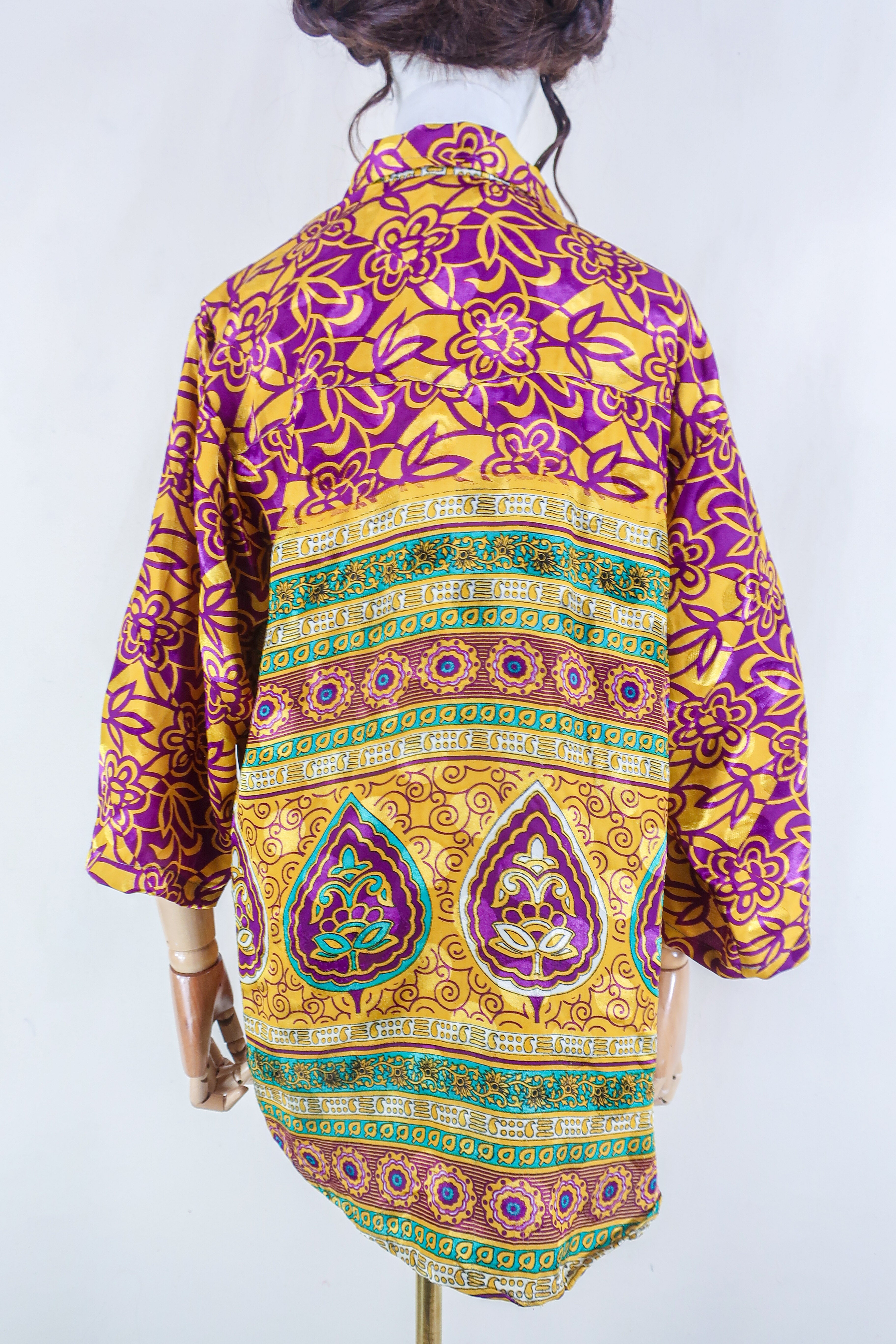 Clyde Shirt - Vivid Violet & Lemon - Vintage Indian Sari - Free Size XL