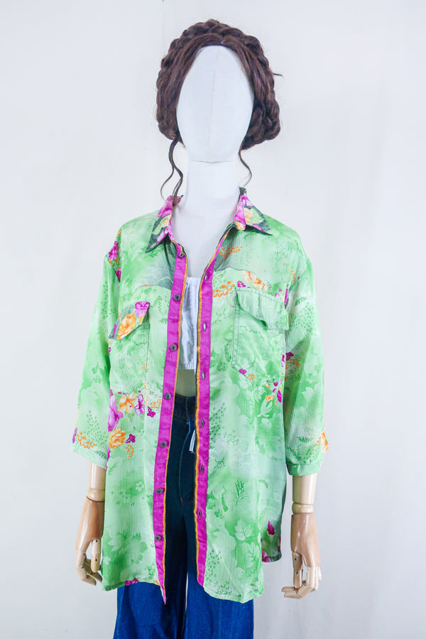 Clyde Shirt - Tropical Seafoam Bloom - Vintage Indian Sari - Free Size XL