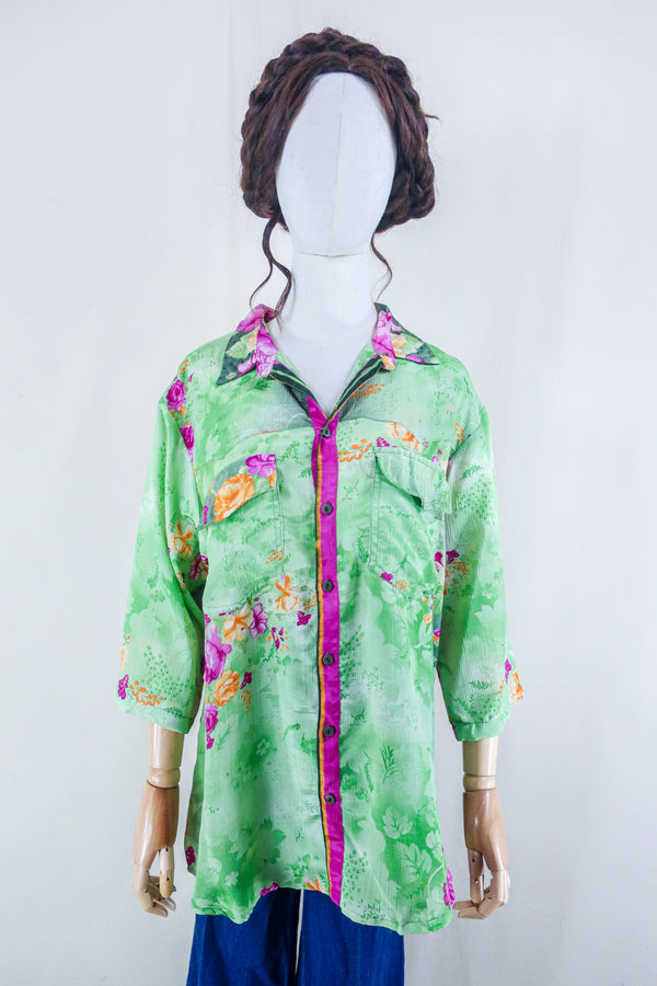 Clyde Shirt - Tropical Seafoam Bloom - Vintage Indian Sari - Free Size XL