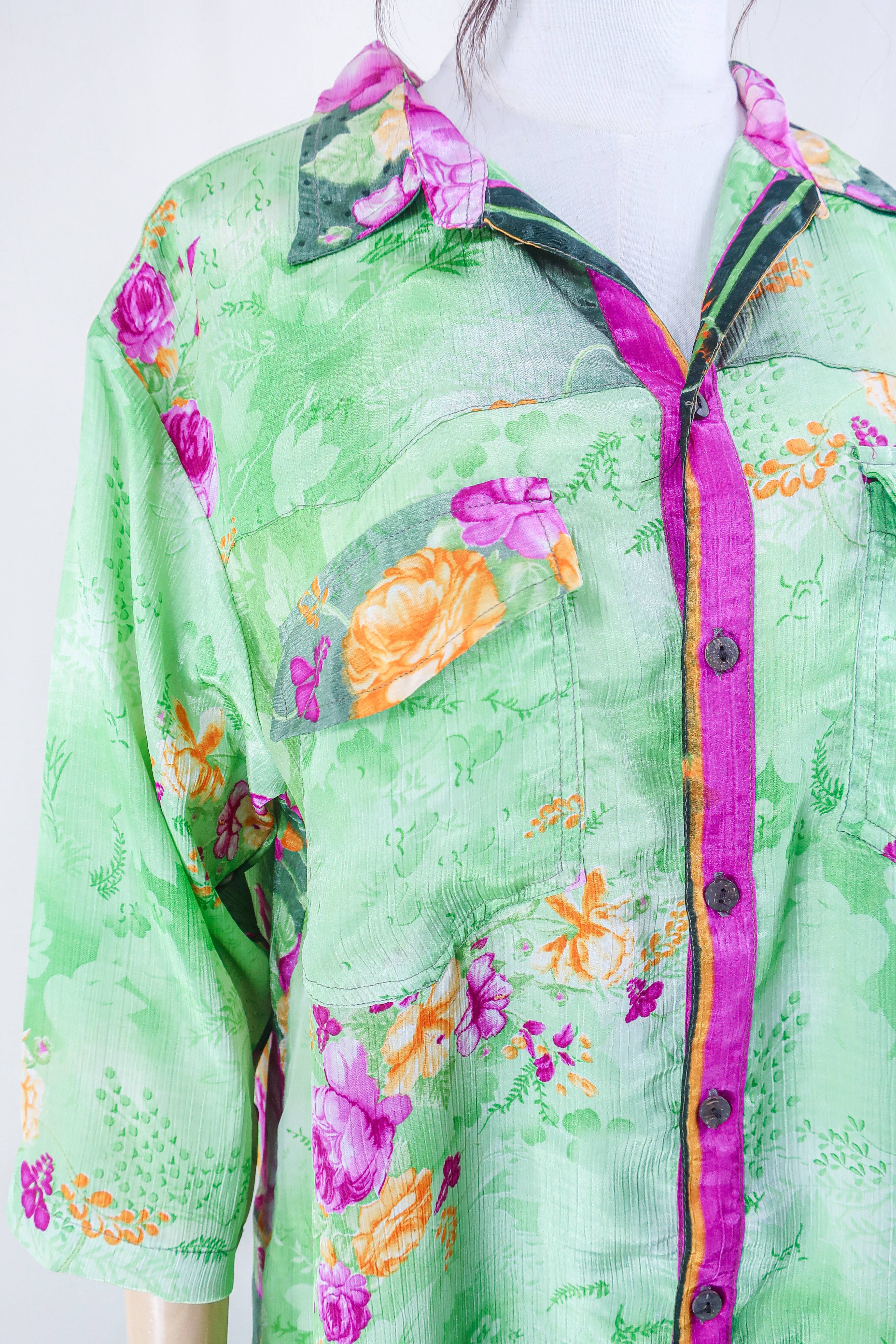 Clyde Shirt - Tropical Seafoam Bloom - Vintage Indian Sari - Free Size XL