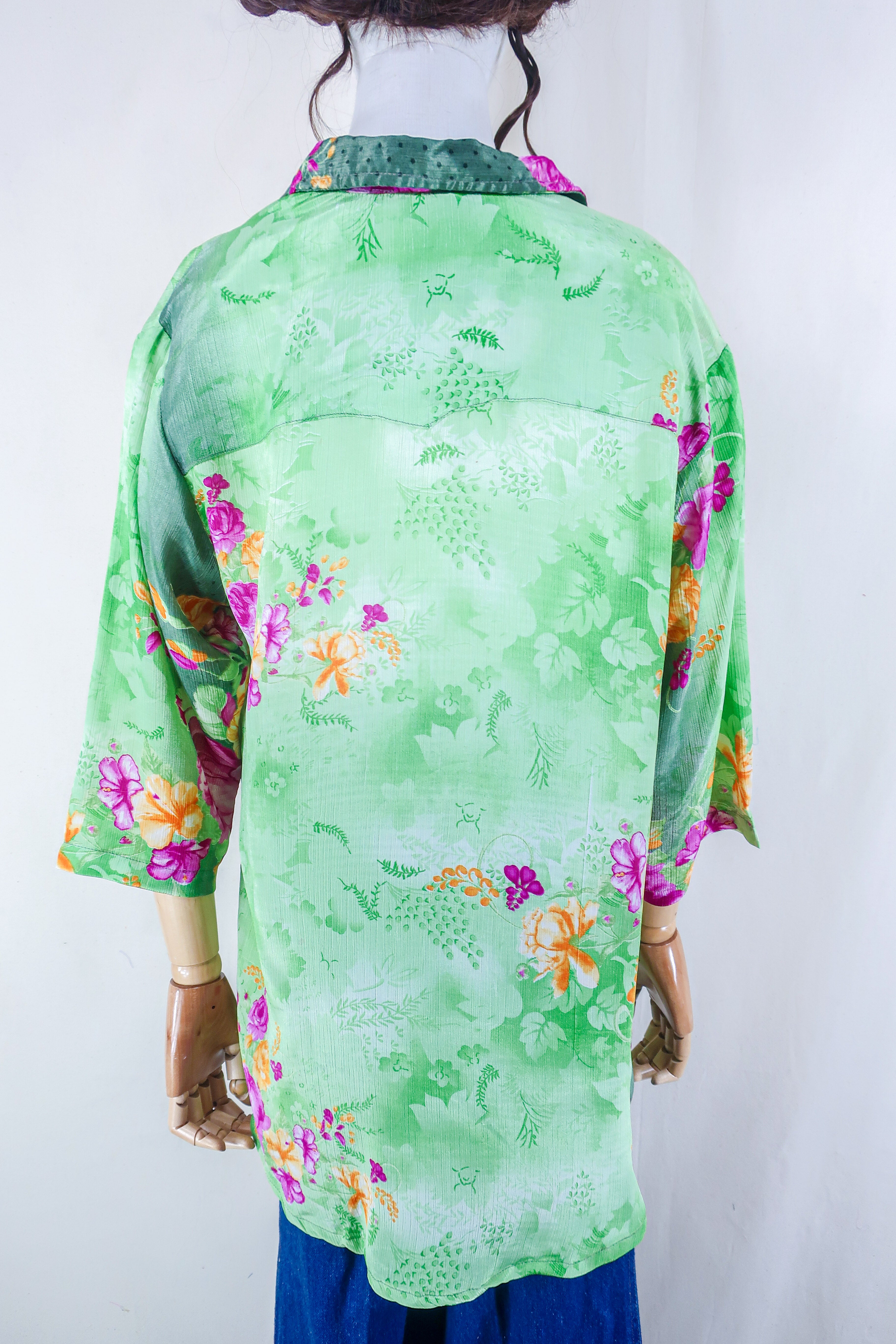 Clyde Shirt - Tropical Seafoam Bloom - Vintage Indian Sari - Free Size XL