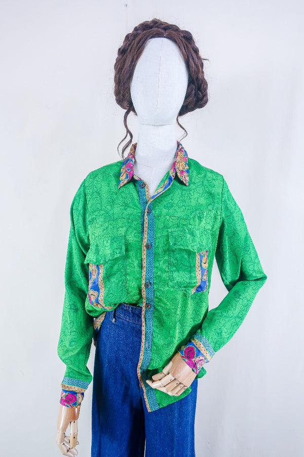 Clyde Shirt -  Dark Lime Block Print Floral - Vintage Indian Sari - Free Size M/L By All About Audrey