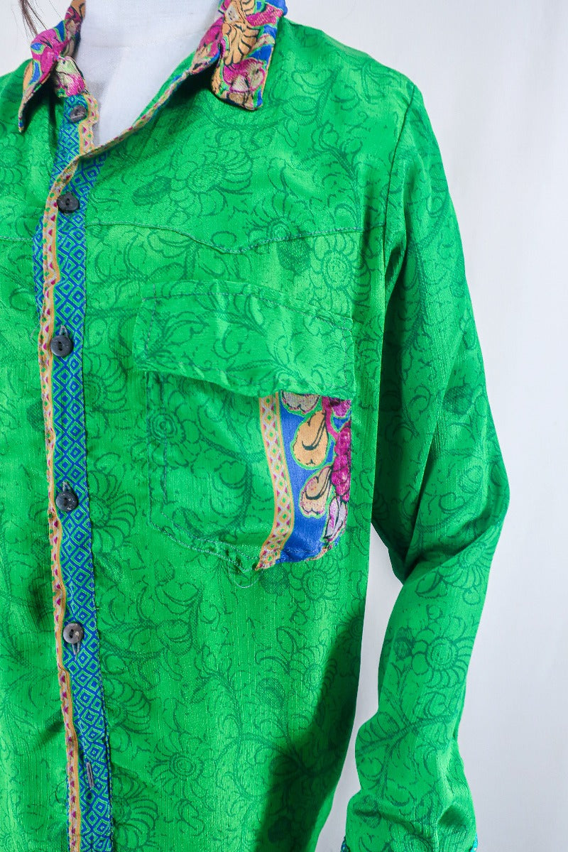 Clyde Shirt - Dark Lime Block Print Floral - Vintage Indian Sari - Free Size M/L By All About Audrey