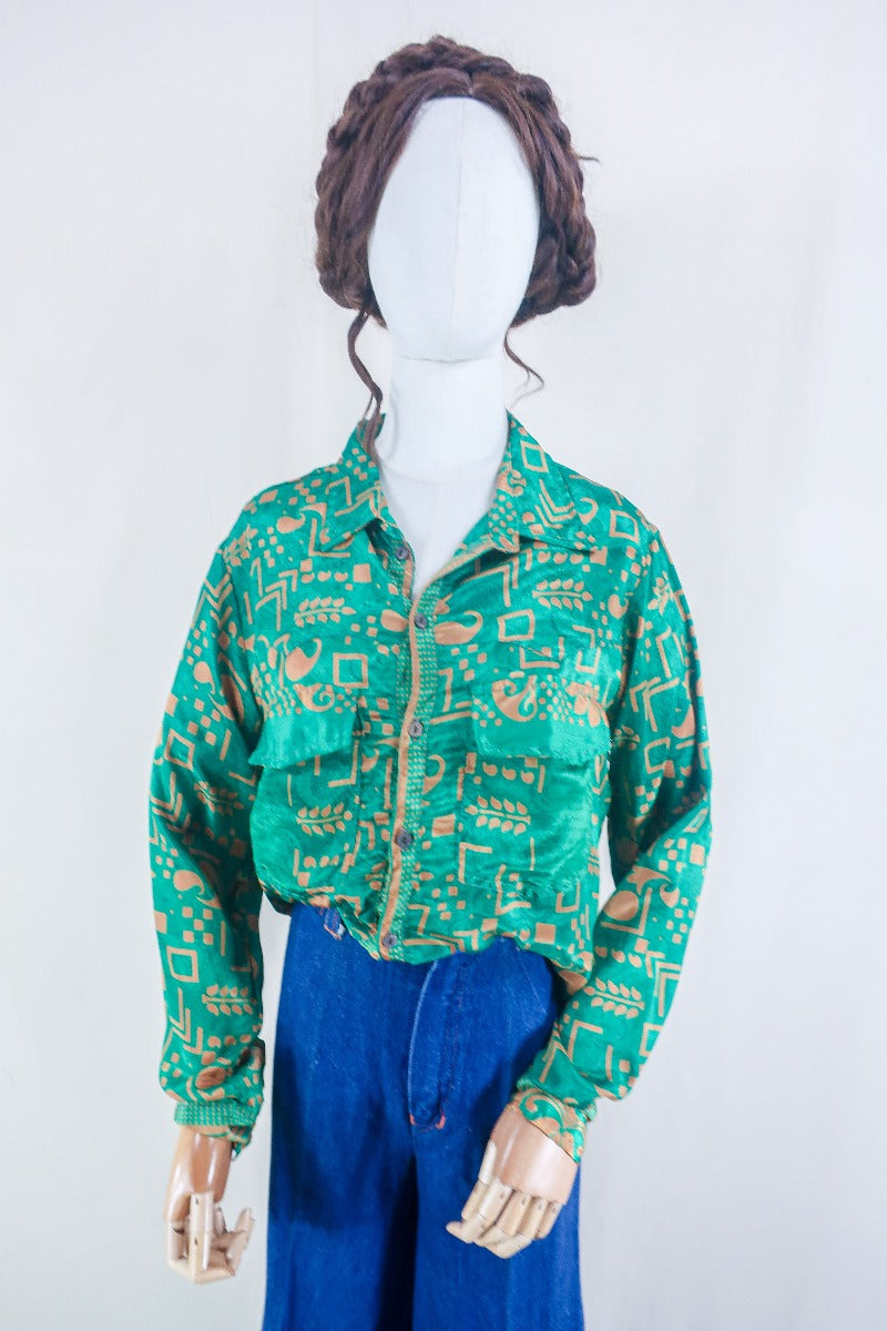 Clyde Shirt - Jade & Gold Motif - Vintage Indian Sari - Free Size M/L By All About Audrey