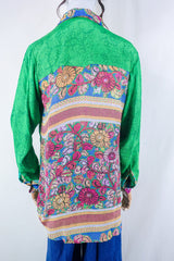 Clyde Shirt - Dark Lime Block Print Floral - Vintage Indian Sari - Free Size M/L By All About Audrey