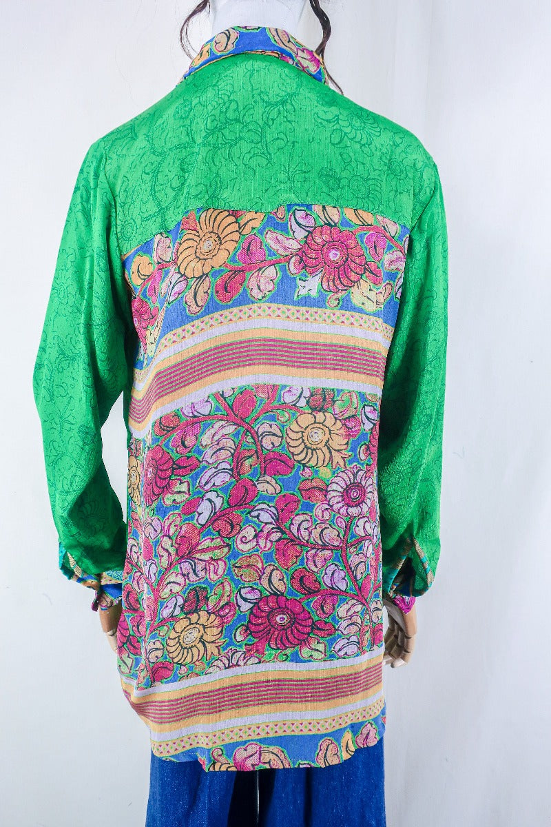 Clyde Shirt - Dark Lime Block Print Floral - Vintage Indian Sari - Free Size M/L By All About Audrey