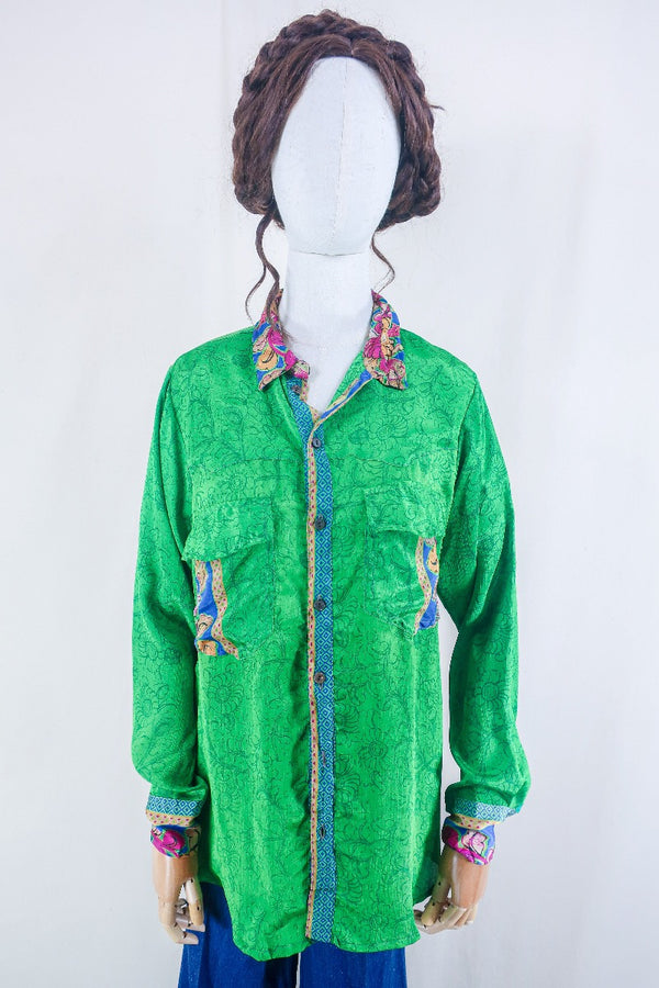 Clyde Shirt - Dark Lime Block Print Floral - Vintage Indian Sari - Free Size M/L By All About Audrey