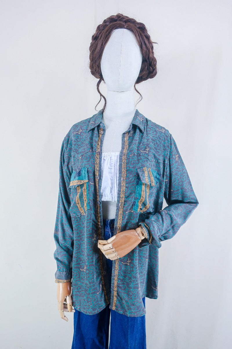 Clyde Shirt - Powdered Turquoise & Mauve Dancers - Vintage Indian Sari - Free Size M/L By All About Audrey