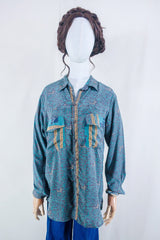 Clyde Shirt - Powdered Turquoise & Mauve Dancers - Vintage Indian Sari - Free Size M/L By All About Audrey