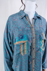 Clyde Shirt - Powdered Turquoise & Mauve Dancers - Vintage Indian Sari - Free Size M/L By All About Audrey