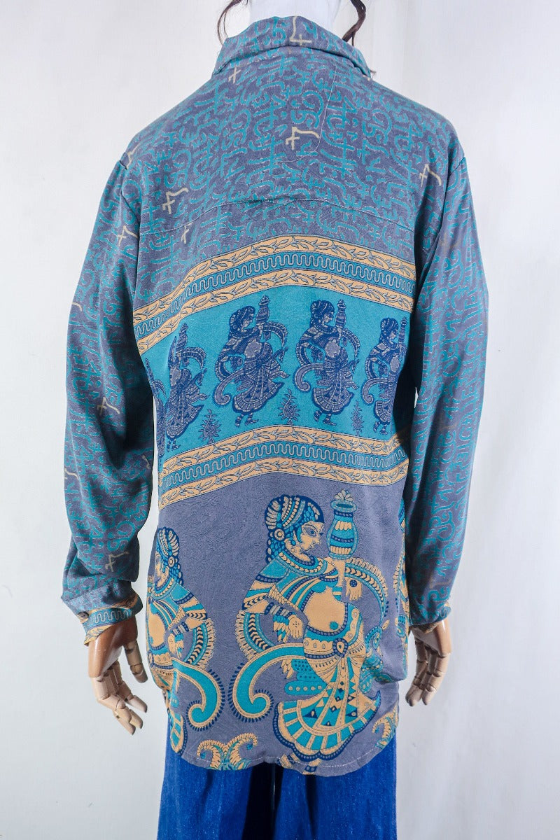 Clyde Shirt - Powdered Turquoise & Mauve Dancers - Vintage Indian Sari - Free Size M/L By All About Audrey
