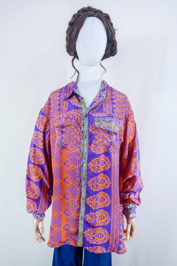 Clyde Shirt - Retro Orange Mosaic - Vintage Indian Sari - Free Size XXL