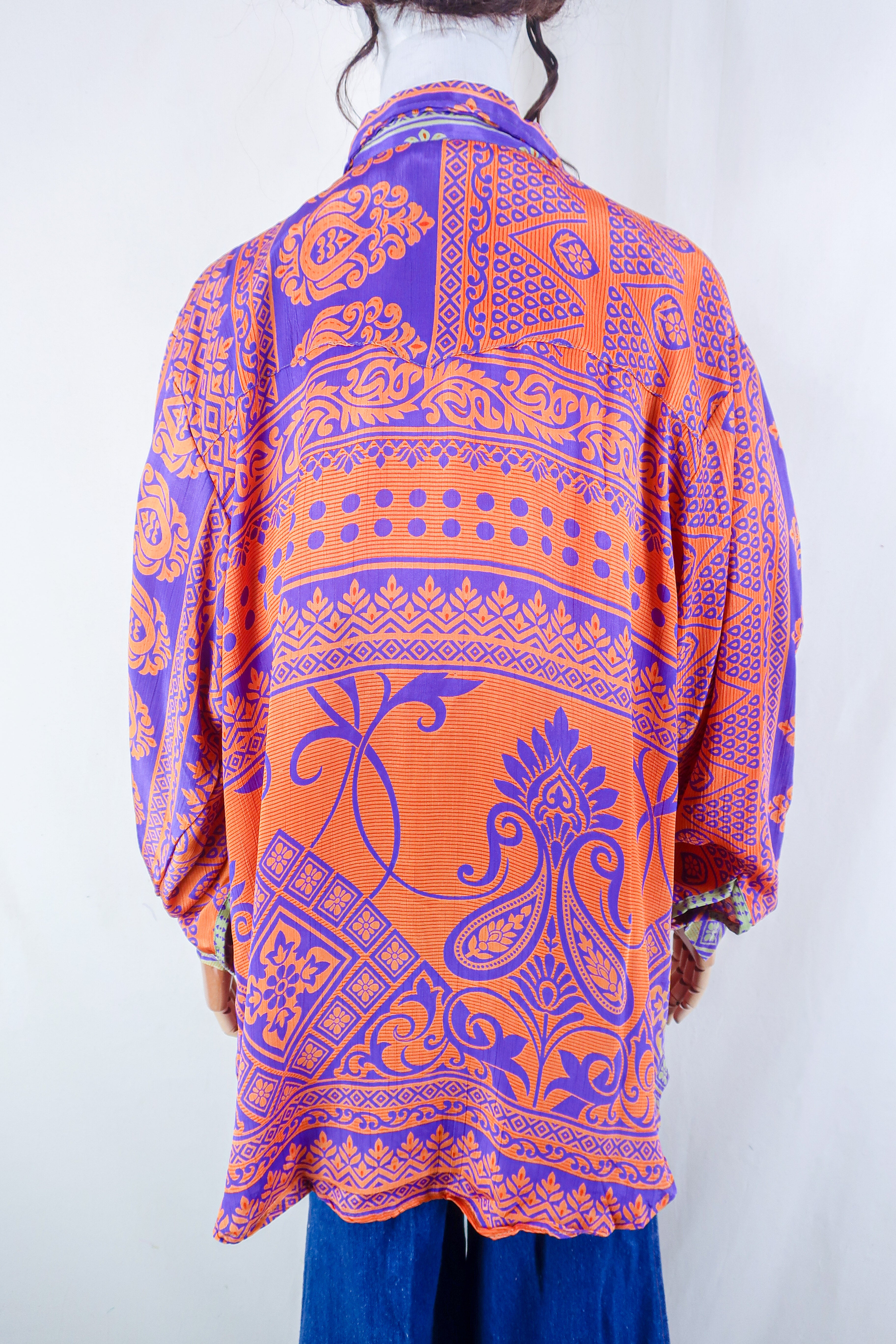 Clyde Shirt - Retro Orange Mosaic - Vintage Indian Sari - Free Size XXL