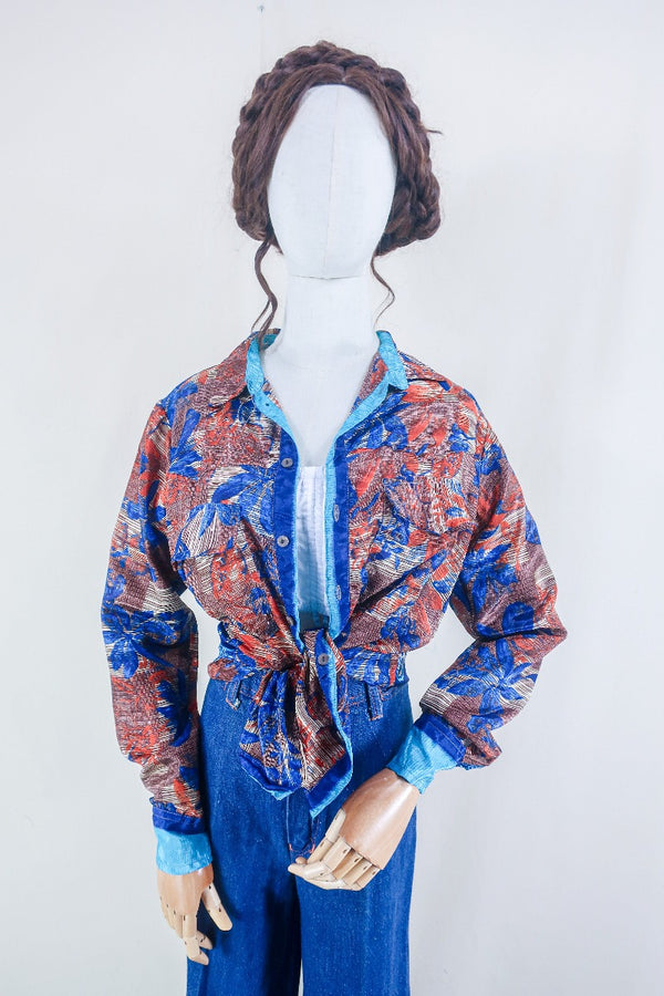 Clyde Shirt - Indigo & Rust Leaves - Vintage Indian Sari - Free Size M/L By All About Audrey