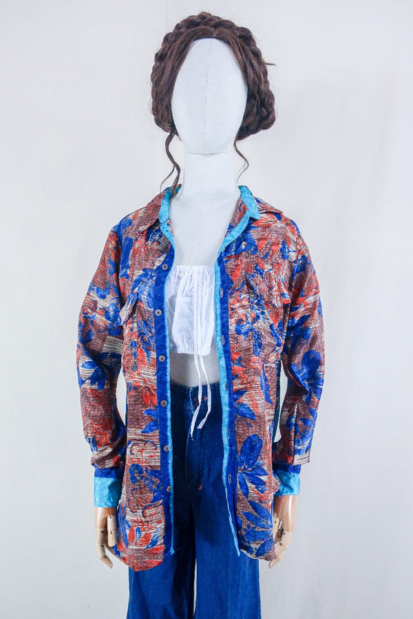 Clyde Shirt - Indigo & Rust Leaves - Vintage Indian Sari - Free Size M/L By All About Audrey