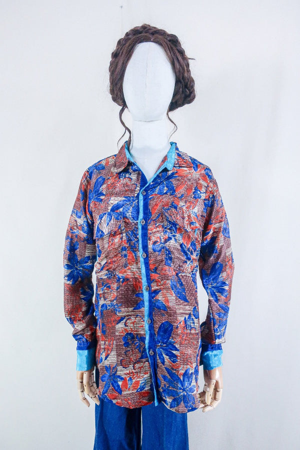 Clyde Shirt - Indigo & Rust Leaves - Vintage Indian Sari - Free Size M/L By All About Audrey
