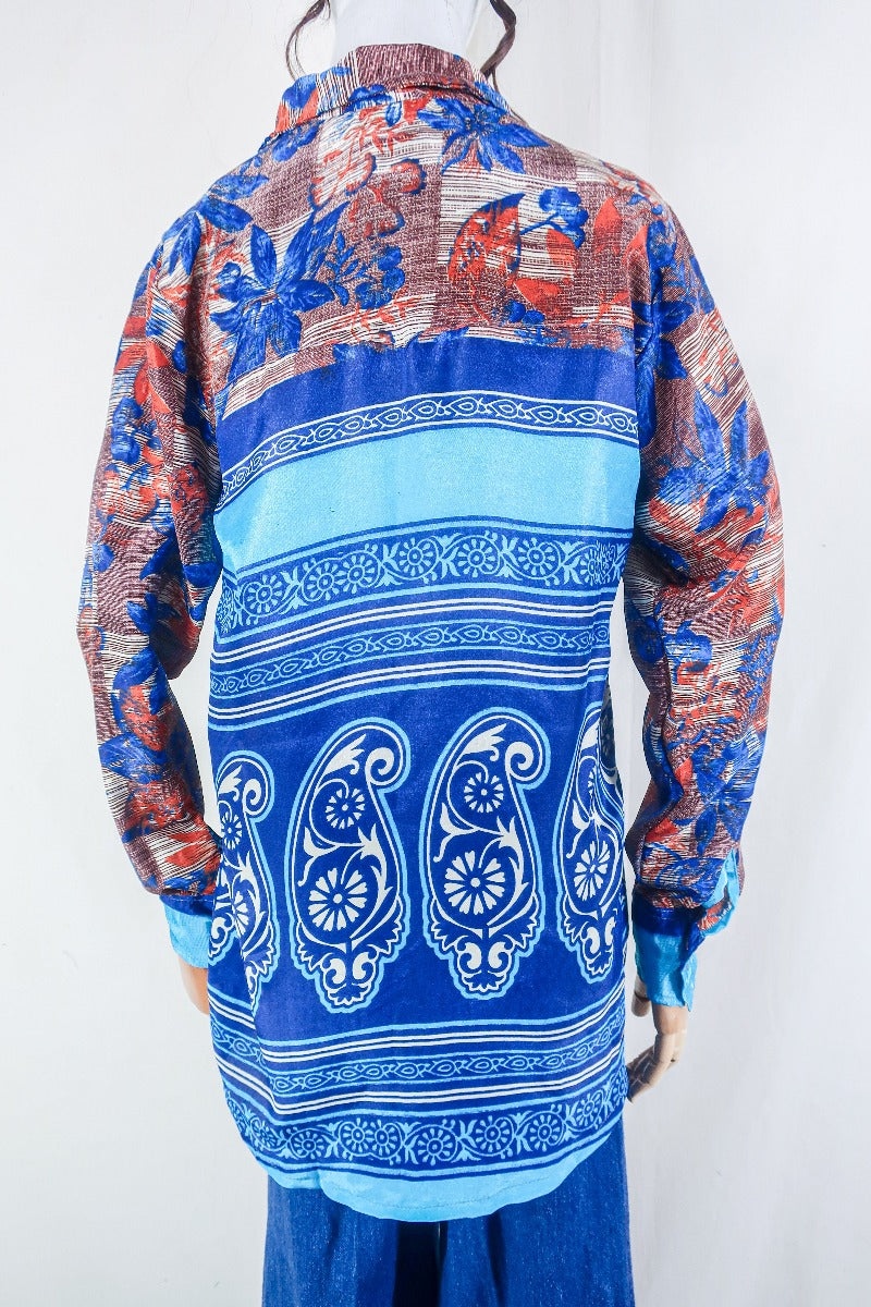 Clyde Shirt - Indigo & Rust Leaves - Vintage Indian Sari - Free Size M/L By All About Audrey