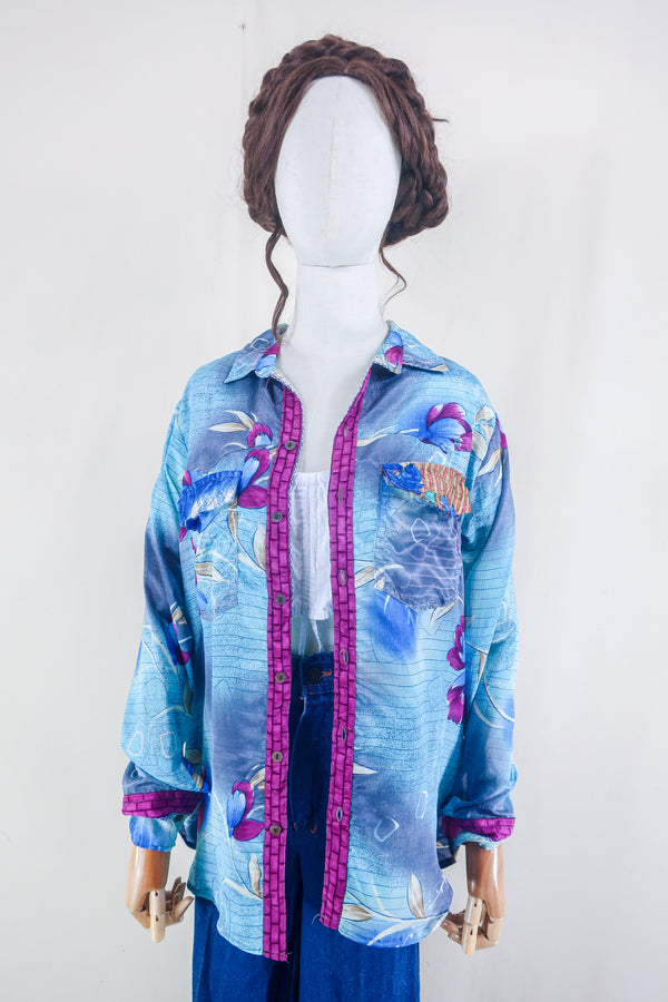 Clyde Shirt - Ocean Blue Swirls - Vintage Indian Sari - Free Size M/L