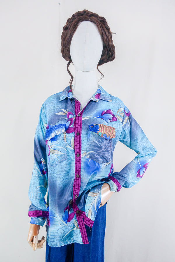 Clyde Shirt - Ocean Blue Swirls - Vintage Indian Sari - Free Size M/L