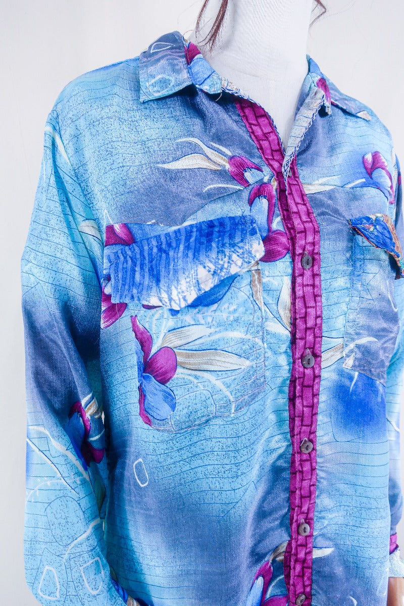 Clyde Shirt - Ocean Blue Swirls - Vintage Indian Sari - Free Size M/L All About Audrey