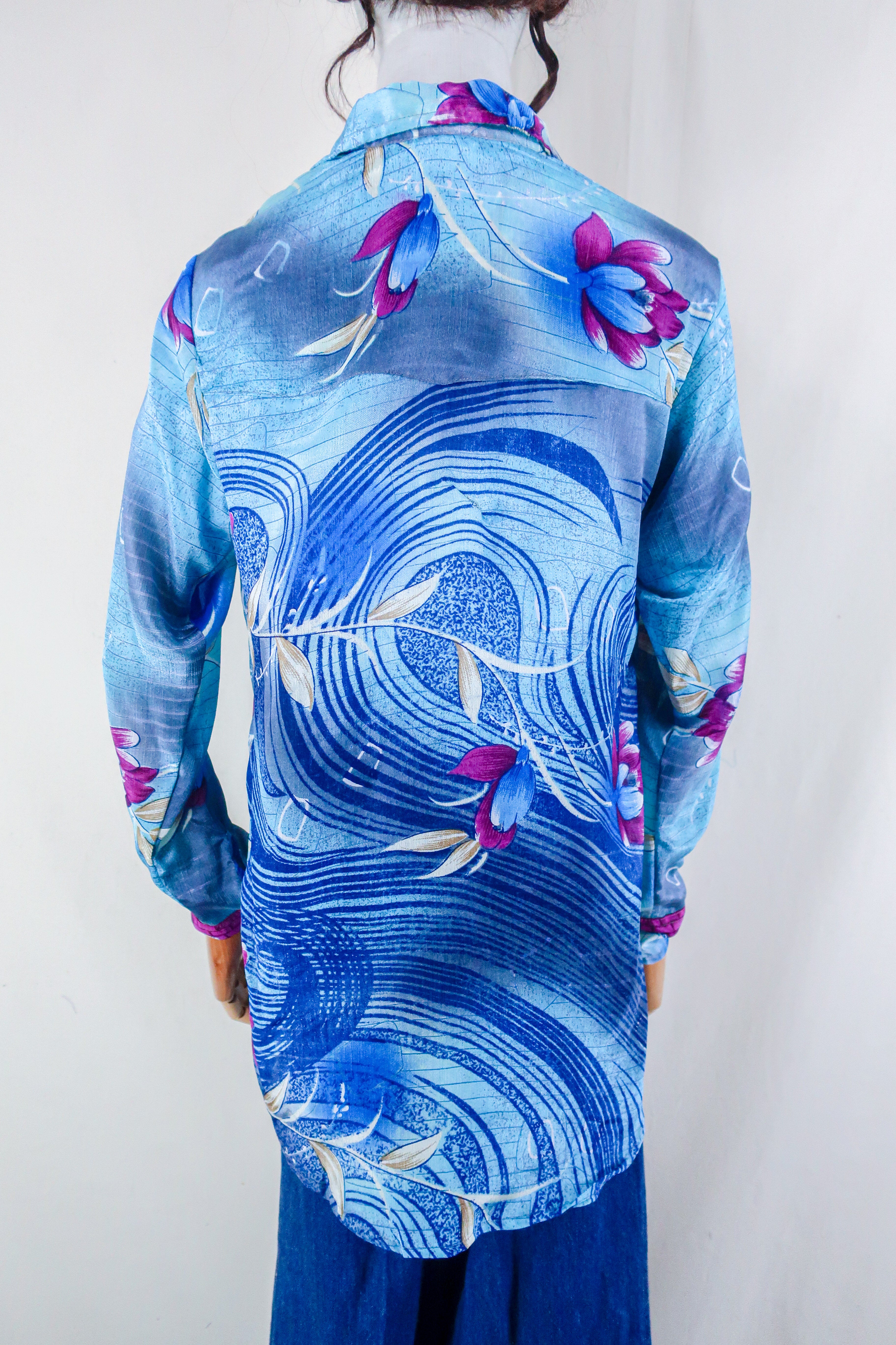 Clyde Shirt - Ocean Blue Swirls - Vintage Indian Sari - Free Size M/L All About Audrey