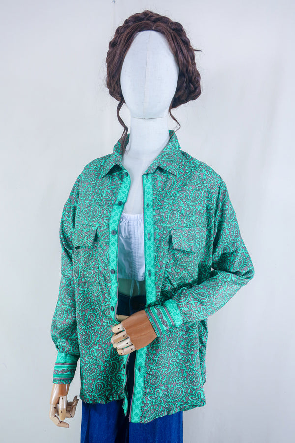 Clyde Shirt - Turquoise & Taupe Paisley - Vintage Indian Sari - Free Size M/L