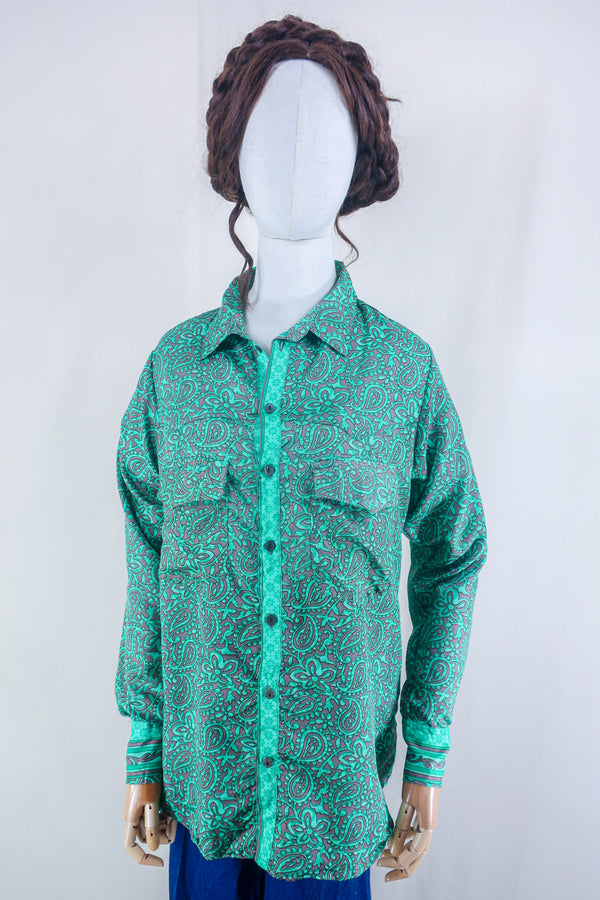 Clyde Shirt - Turquoise & Taupe Paisley - Vintage Indian Sari - Free Size M/L