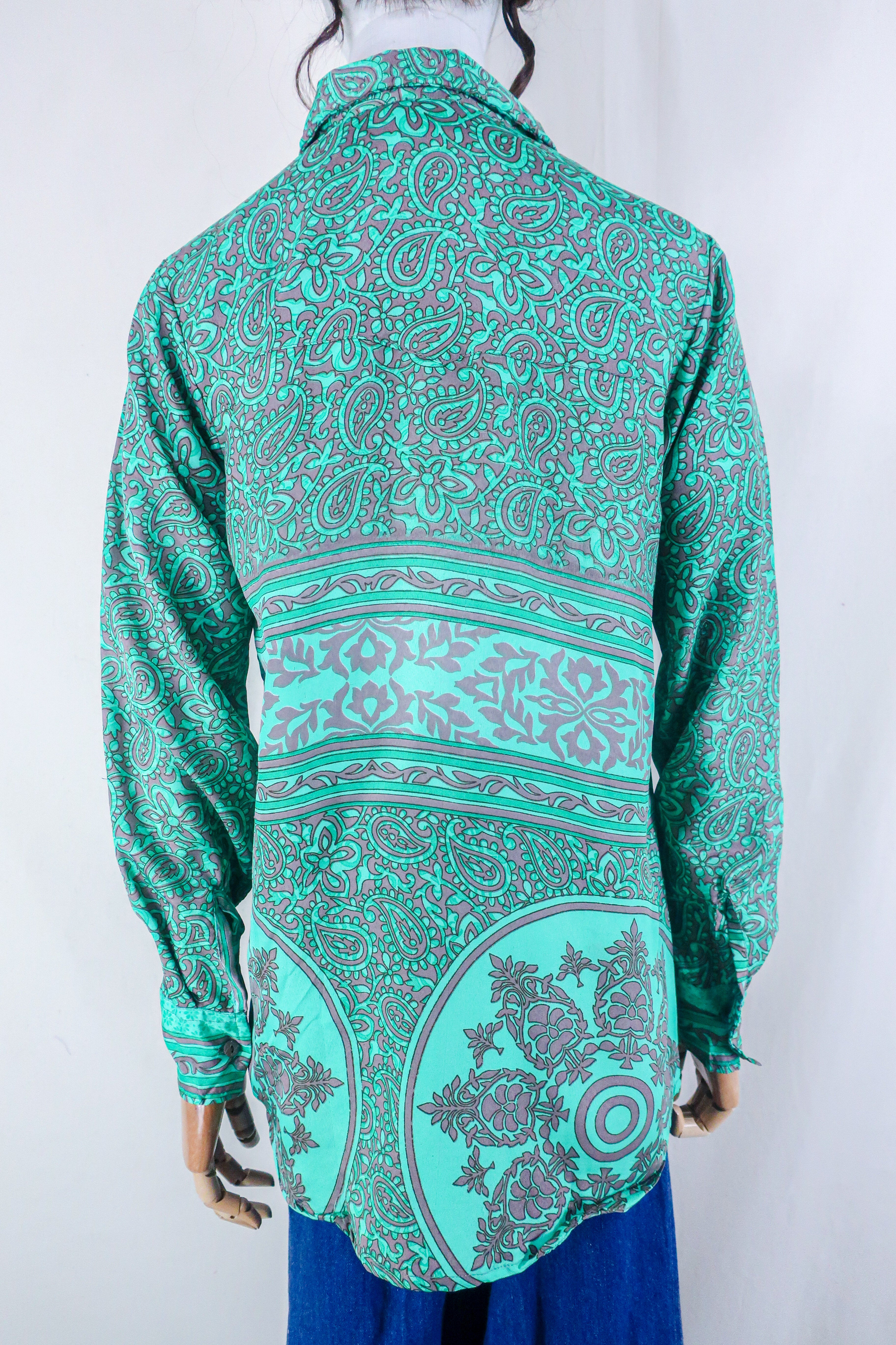 Clyde Shirt - Turquoise & Taupe Paisley - Vintage Indian Sari - Free Size M/L