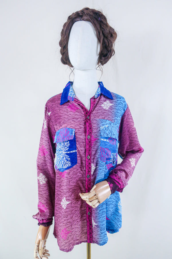Clyde Shirt - Berry & Frosty Trees - Vintage Indian Sari - Free Size M/L