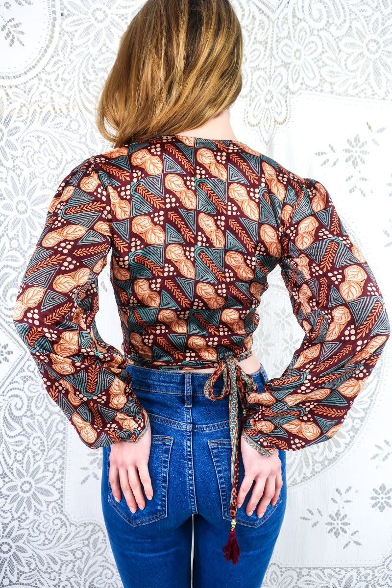 Lola Wrap Top - Mulberry, Teal & Rust Leaf Print - Vintage Indian Sari - Free Size XS All About Audrey