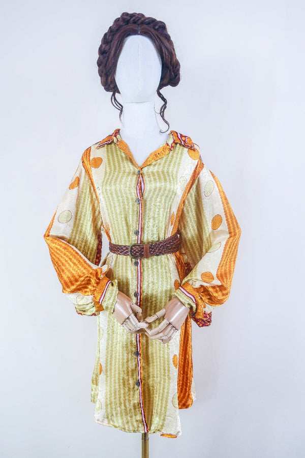 Bonnie Shirt Dress - Gold & Citrine Fade - Vintage Indian Sari - Free Size L/XL By All About Audrey