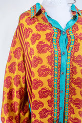 Bonnie Shirt Dress - Mustard & Turquoise Motif - Vintage Indian Sari - Free Size XXL All About Audrey