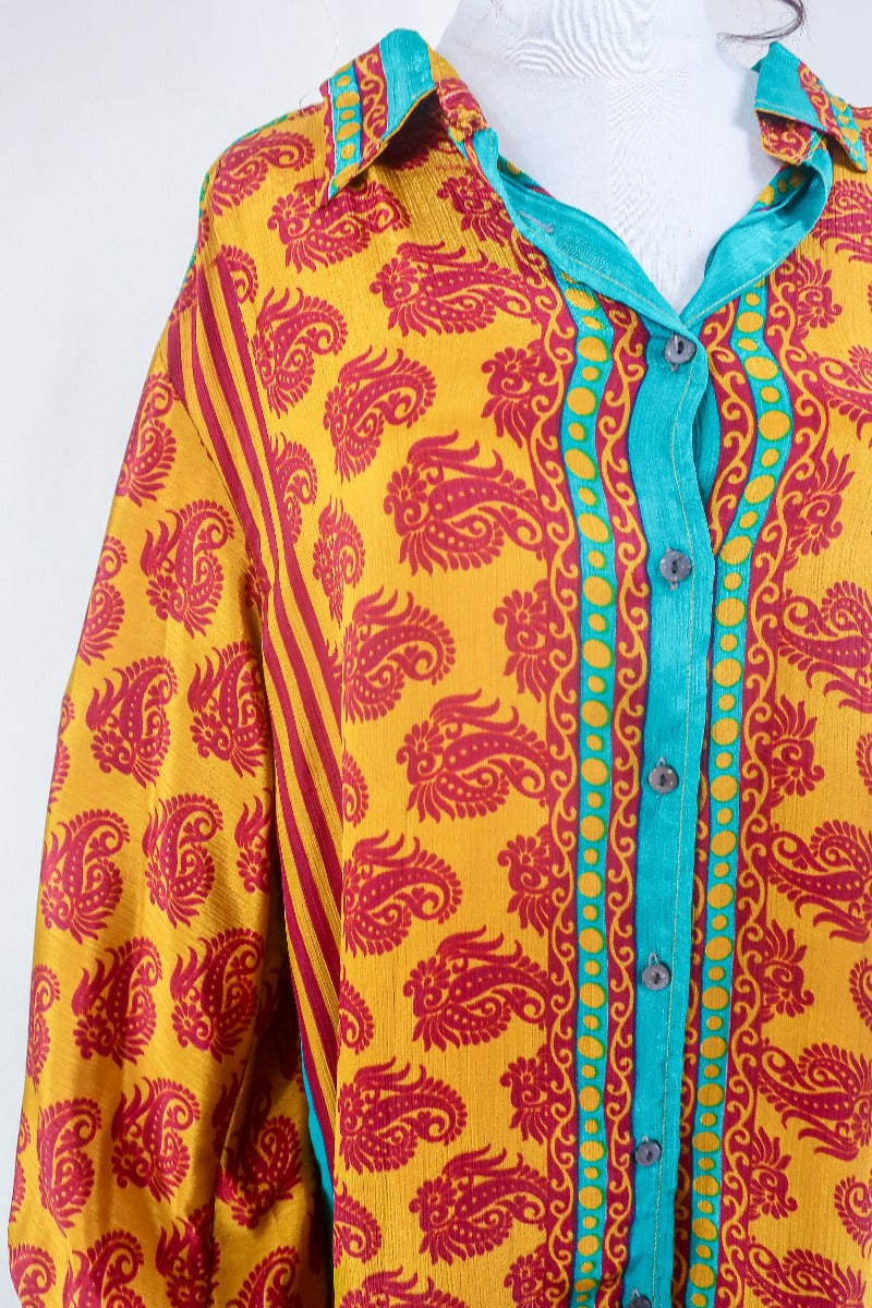 Bonnie Shirt Dress - Mustard & Turquoise Motif - Vintage Indian Sari - Free Size XXL All About Audrey