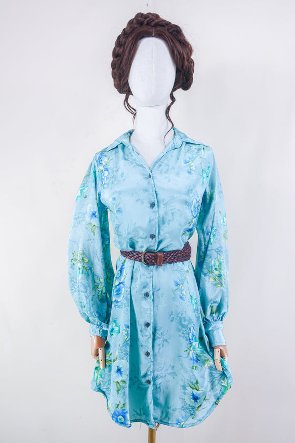 Bonnie Shirt Dress - Powdered Blue Floral - Vintage Indian Sari - Free Size S/M
